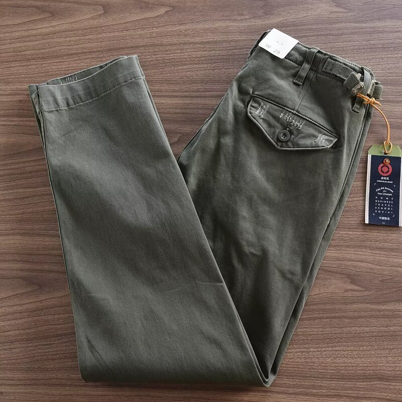 High-end Heavy-weight Pure Cotton Straight Tooling Casual Pants Men's Loose Spring and Autumn Thick American-style Retro Lumbering Destruction Carbon Tide