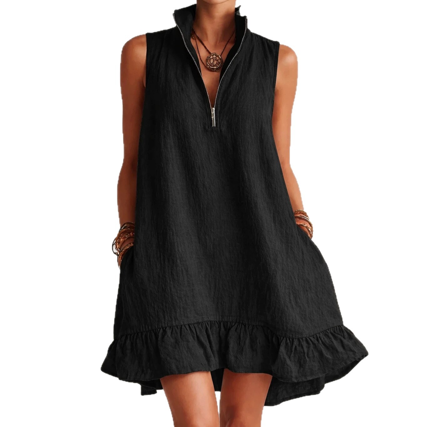 Women's Clothing Women's Solid Color Sleeveless V Neck Dress Cotton Linen Spring Summer For Formal & Casual For Women_ecoleips.com