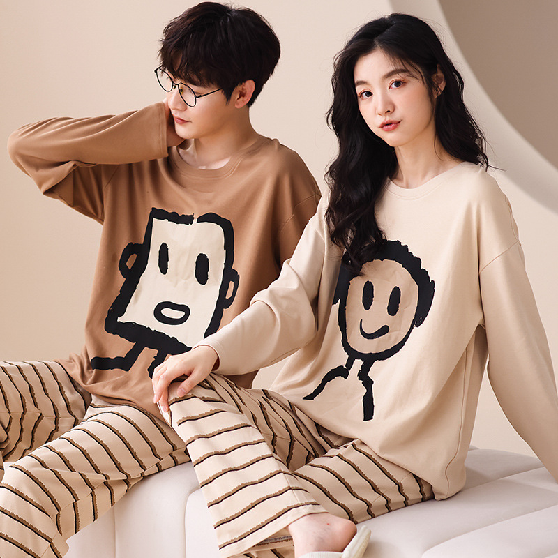Cotton couple pajamas autumn and winter new cotton pullover long sleeve casual comfortable loose men's home wear suit