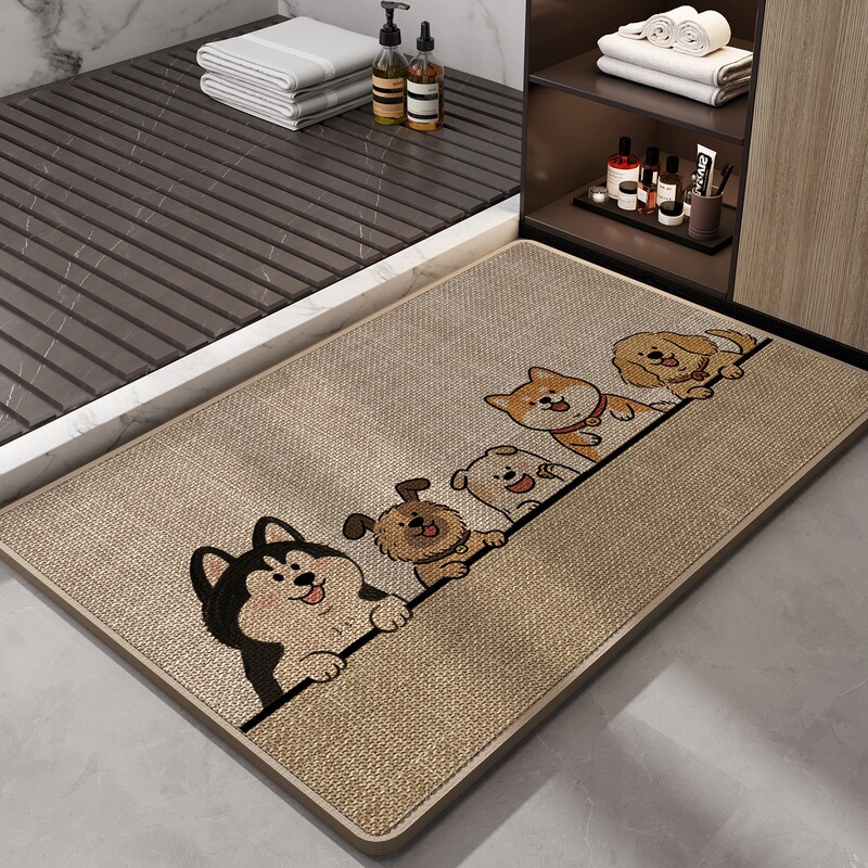 Creative and Cute Little Dog Imitation Linen Carpet Cartoon Style Personalized Non-Slip Water-Absorbent Foot Mat for Bathroom and Bedroom