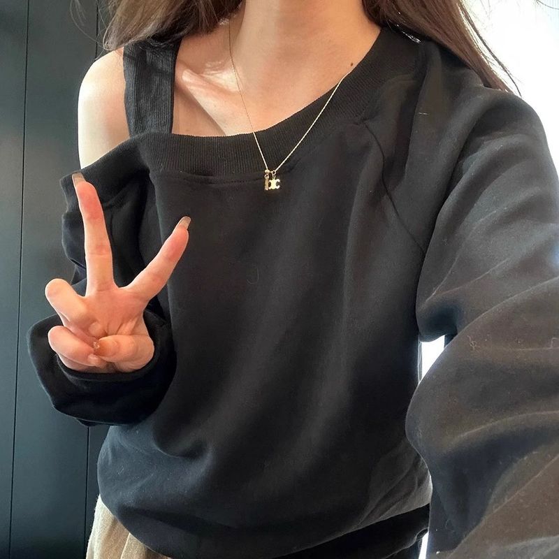 慵懒风灰色斜领露肩长袖卫衣女春秋宽松显瘦休闲百搭套头无帽上衣|undefined
