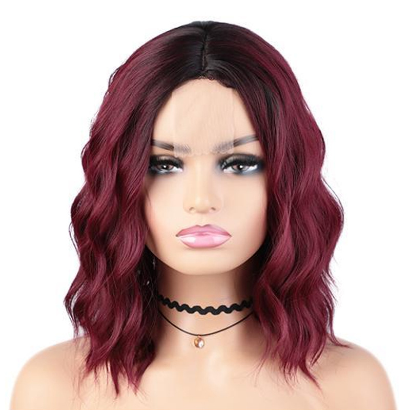 Wig European And American Ladies Wig Small Lace Front Lace Synthetic Wigs Wine Red Water Ripple Short Curly Wig display picture 1