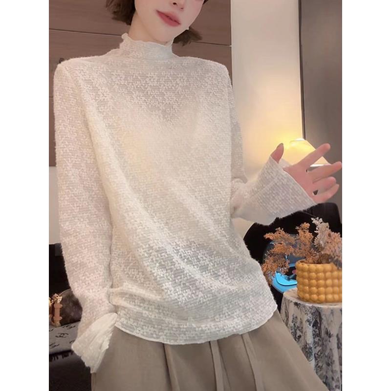 大杏色半高领边长袖蕾丝衫女装春季巨看提花微透打底衣