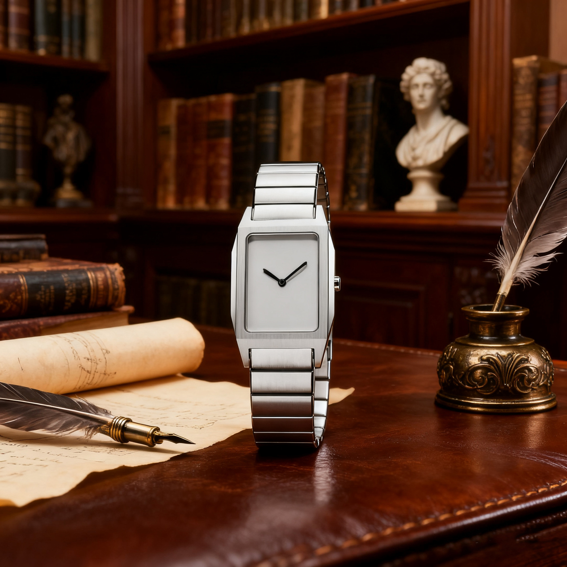 Oupai Men's Waterproof Square Fashion Simple Rectangular Watch for Men and Couples, Silver Diamond Luminous Women's Quartz Watch