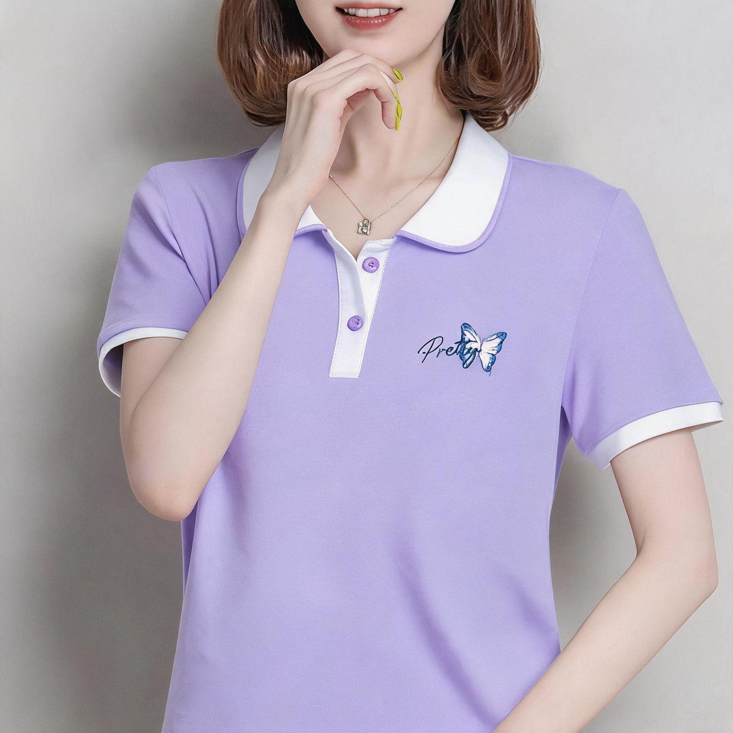 Stylish summer polo shirt for moms, loose fit, short sleeves, slimming collar, plus size, high-end women's top.