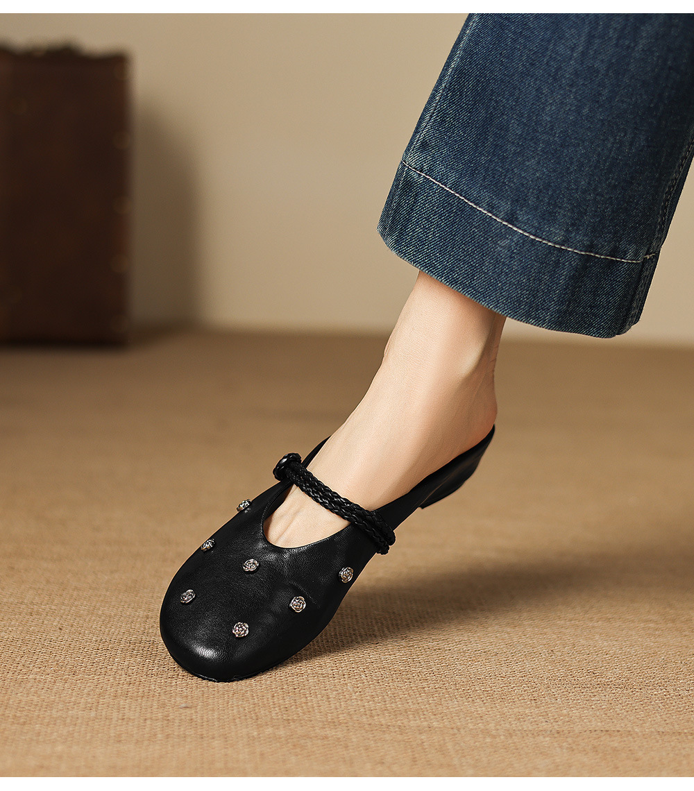 Sandal nữ mũi bít da dê quai ngang gót thấp — đen chi tiết 7