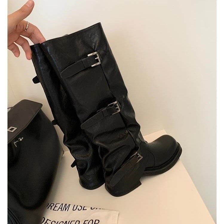 品牌同款增高6cm真皮时髦皮带扣西部靴女皱褶堆堆靴中长筒裤管靴|undefined
