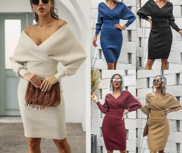 Женская трикотажная рубашка AliExpress 2023, трансграничная Европейская и американская, платье-свитер с одним вырезом и рукавом «летучая лодка», платье-свитер с открытой спиной