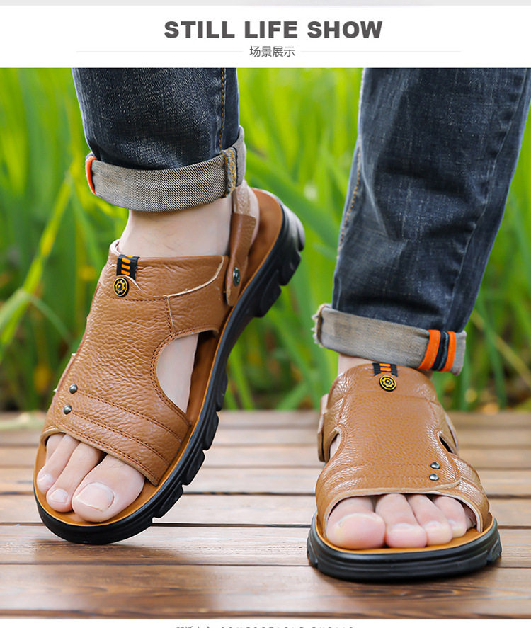 Dép sandal nam da thật hở ngón, quai ngang co giãn, chống trượt thoáng khí, kiểu lê đa năng — Vàng nâu, màu đen chi tiết 11