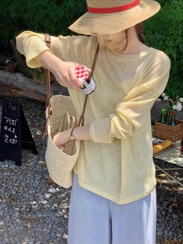 薄い氷の糸の日焼け止めのブラウスの夏の新型の怠惰な長袖のエアコンのtシャツはゆったりとしています。|undefined