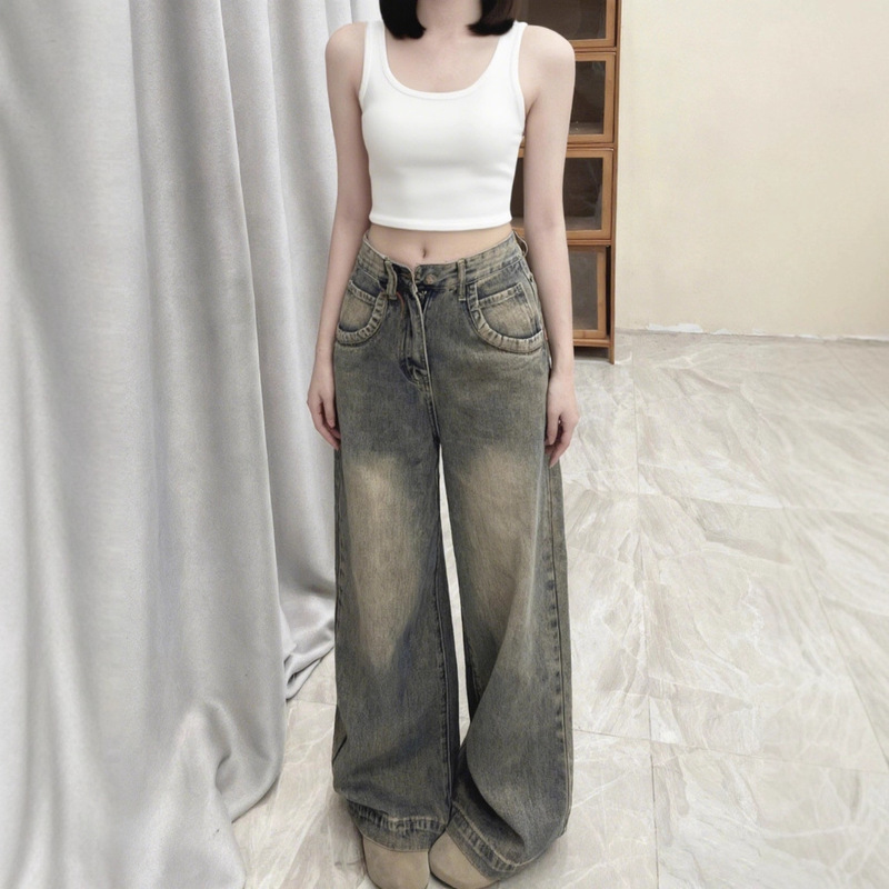 Wide-Leg Jeans for Petite Women with a Pear-Shaped Figure, Loose-Fitting Floor-Length Straight-Leg Jeans, Wide-Leg Slimming Straight Pants Wide-Leg Jeans for Petite Women with a Pear-Shaped Figure, Loose-Fitting Floor-Length Straight-Leg Jeans, Wide-Leg Slimming Straight Pants