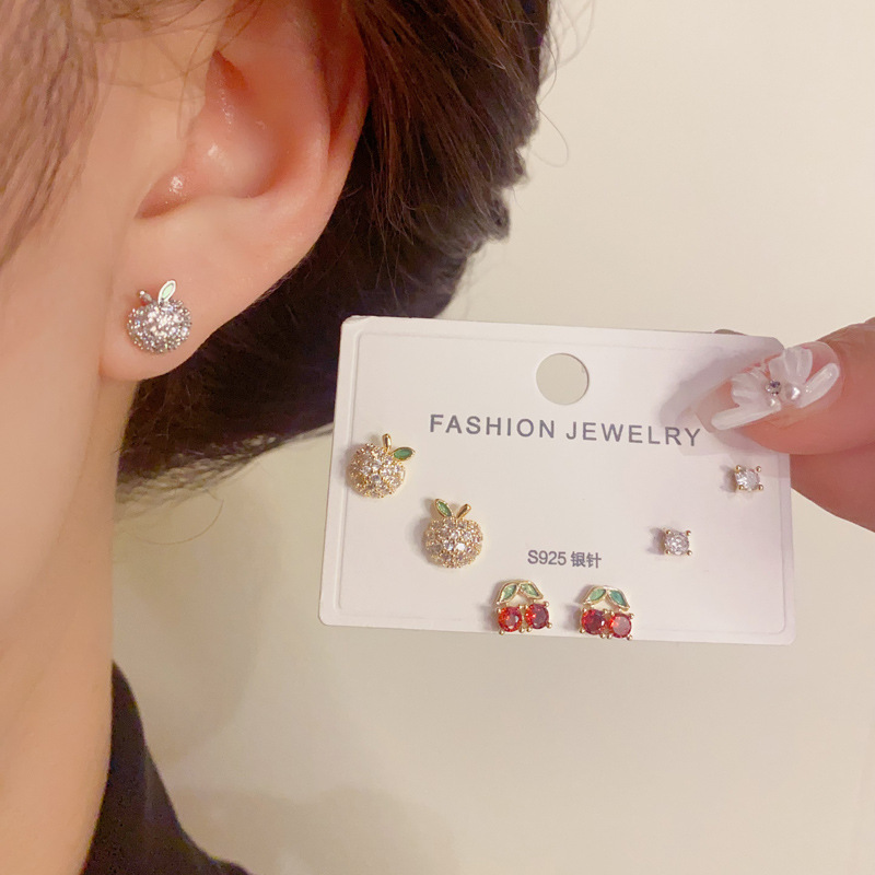 1 Set Quantity 1 Set Cute Cherry Apple Copper Zircon Small Stud Earrings