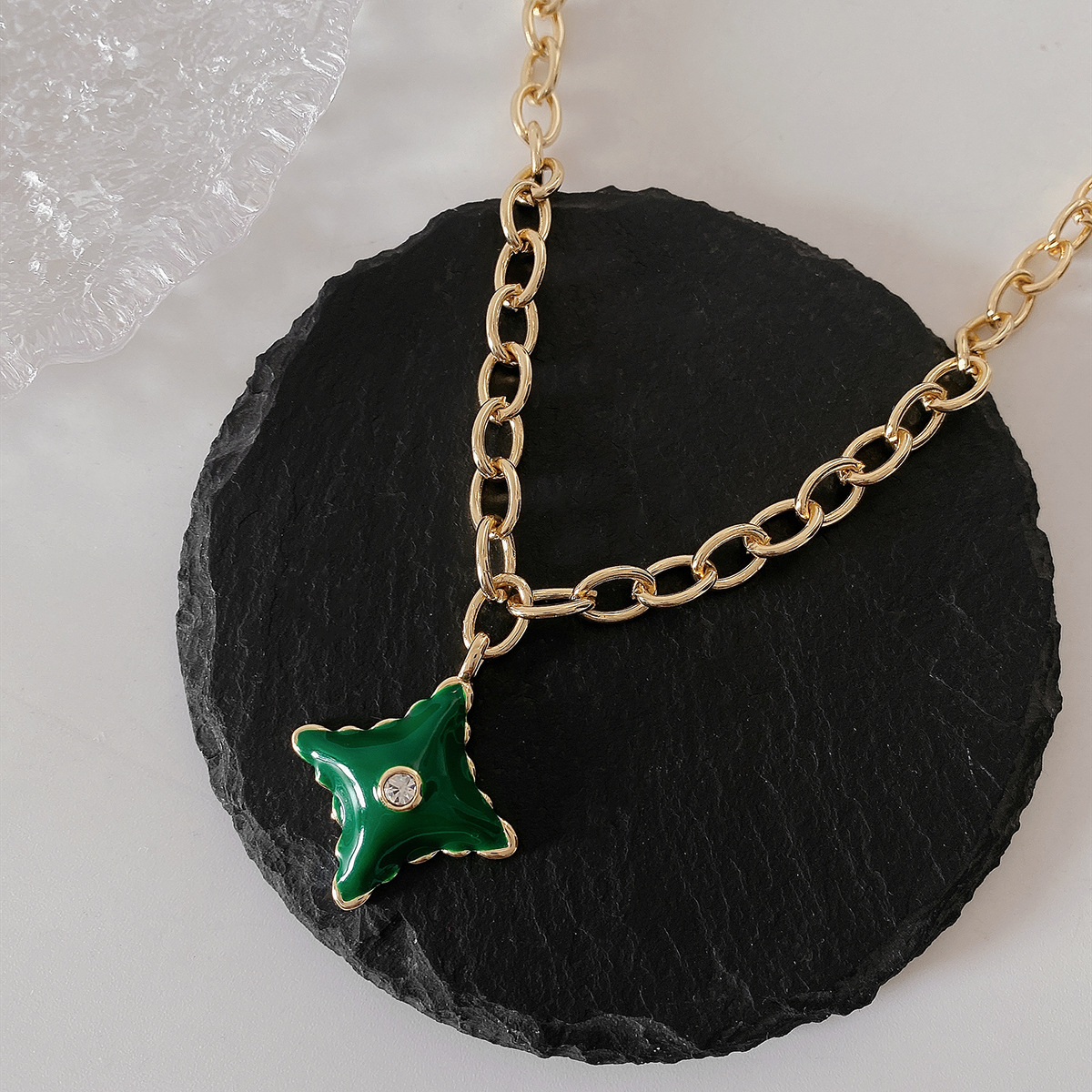 Fashion Hollow Chain Trend Green Four-cornered Star Titanium Steel Necklace display picture 3
