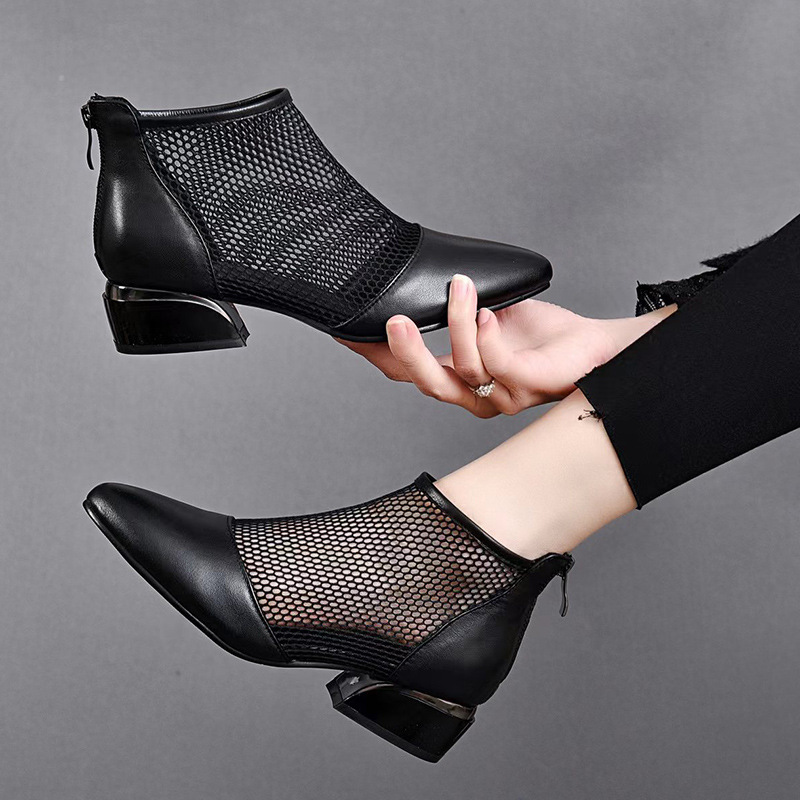 Sandal lưới da thật nữ mũi nhọn gót thấp phong cách La Mã — Da Bò Lớp đầu trên