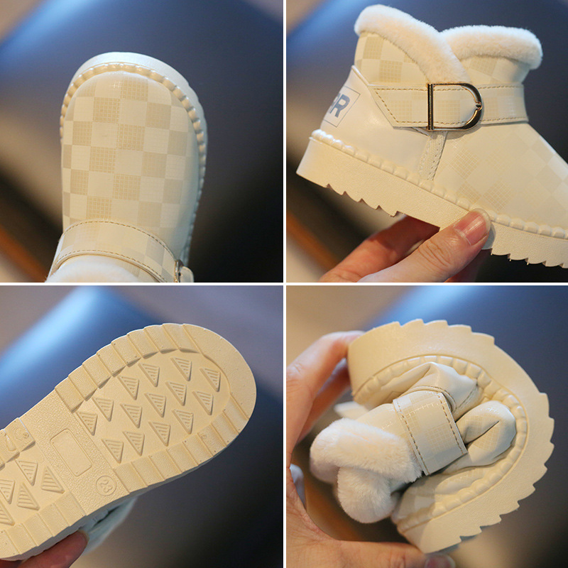 Trendy Girls' Versatile Chessboard Checkered Cotton Boots Winter New Boys' PU Waterproof Snow Boots Children's Plush_voghion.com