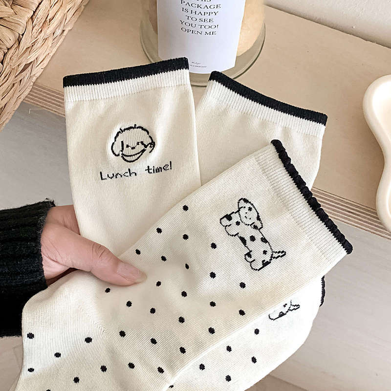 Line Art Puppy Socks for Women, Trendy Internet Celebrity Style, Mid-Calf Socks, Spring and Autumn Style, Pure Cotton, White, Korean Style, Cute, Summer Thin Polka Dot Line Art Puppy Socks for Women, Trendy Internet Celebrity Style, Mid-Calf Socks, Spring and Autumn Style, Pure Cotton, White, Korean Style, Cute, Summer Thin Polka Dot