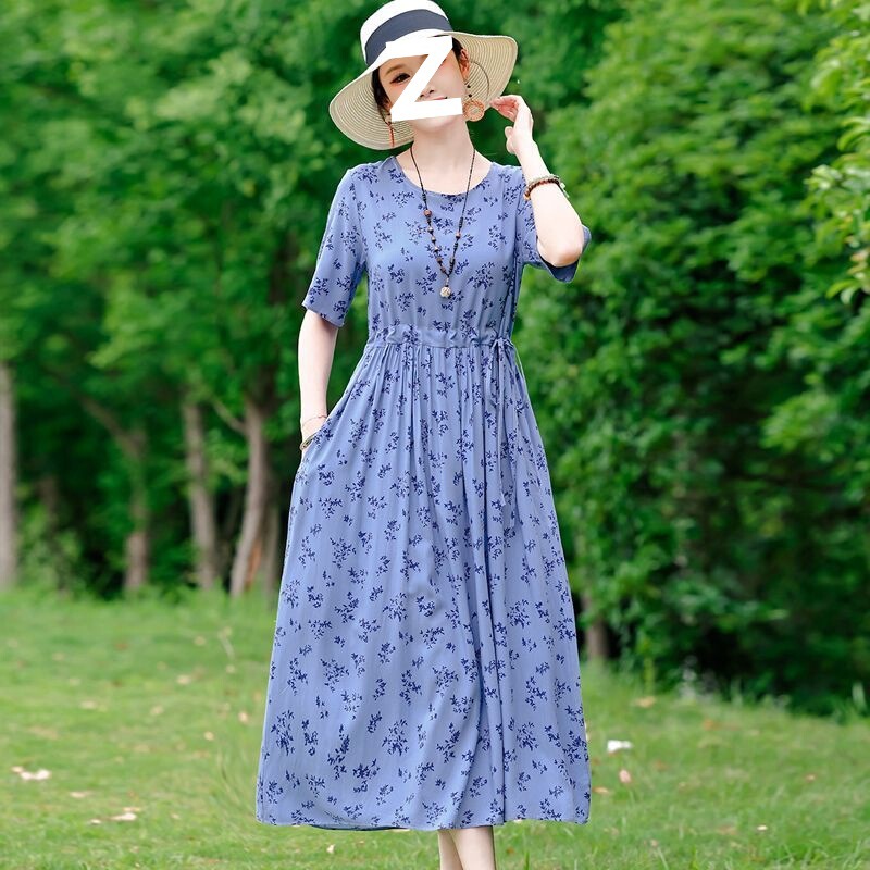 2025 New Cotton Silk Dress, Sweet and Fresh Large Swing Skirt, Women's Floral Lace-Up Waist-Cinching Summer Outer Skirt