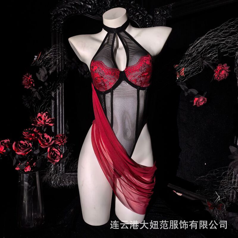 Big Girl Style Underwire Push-Up Lingerie, See-Through Mesh Sexy Urban Pure Desire Style Nightdress, Color-Block No-Undress Set