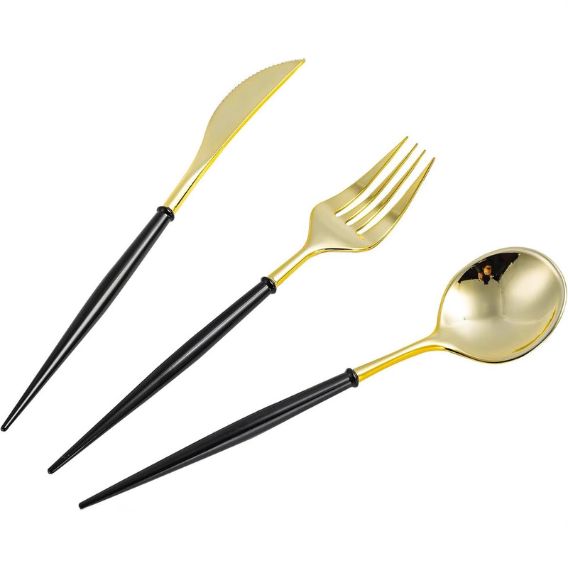 Spot foreign trade plastic Golden Fork disposable knife fork spoon set silver fork black handle Golden tableware cross-border Spot foreign trade plastic Golden Fork disposable knife fork spoon set silver fork black handle Golden tableware cross-border