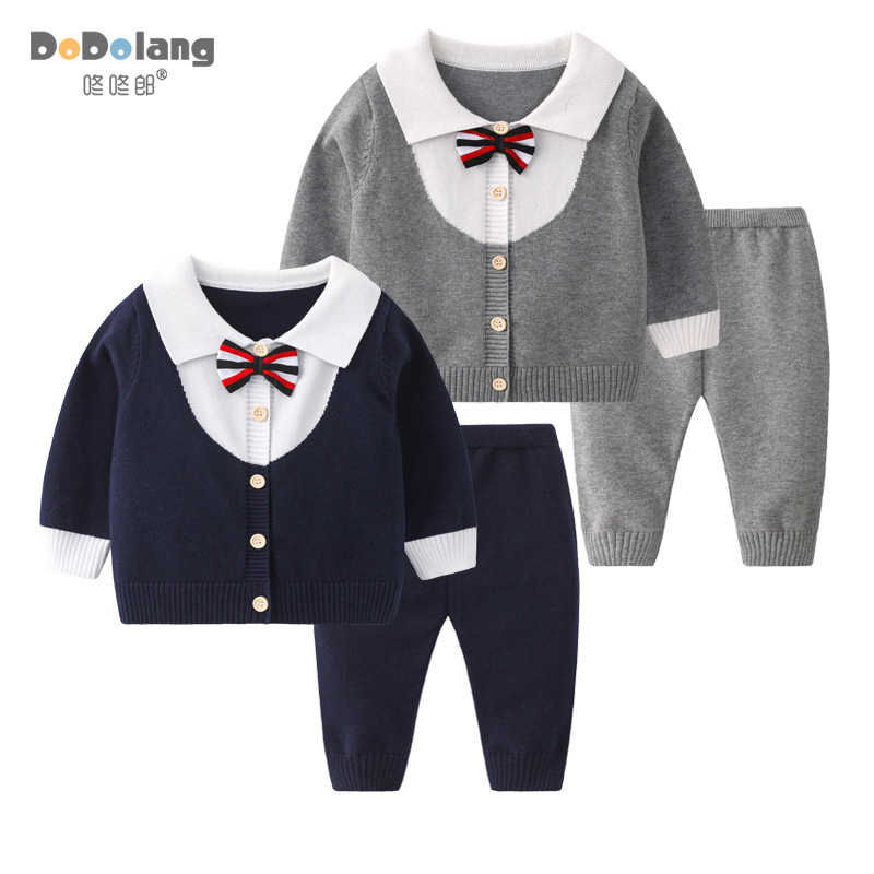 British Style Lapel Baby Knitted Suit Little Gentleman Cotton Thread Category a Baby Two-Piece Set Spring & Fall Baby Outing Clothes