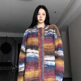 美式复古彩色条纹撞色开衫毛衣男女慵懒圆领宽松休闲情侣针织外套