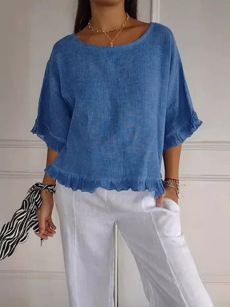New 2026 Foreign Trade Independent Site Cross-Border Summer Women's Short-Sleeve Round-Neck Cotton-Linen Solid Color Loose-Fitting European and American Style Shirt for Women