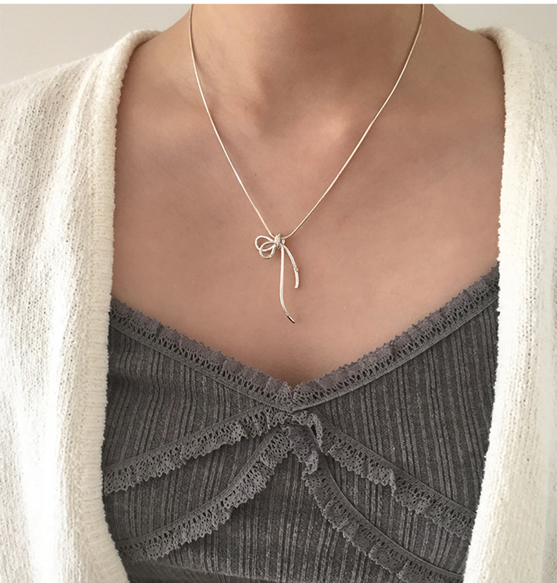 Silver Bow Knot Necklace Sterling Silver Pendant Chain British_voghion.com