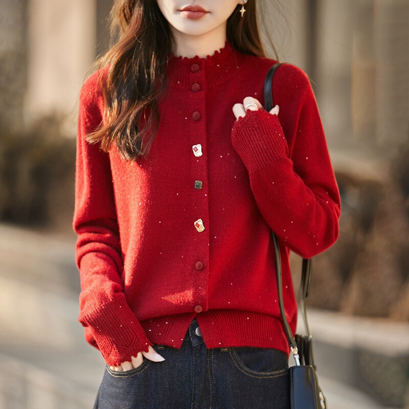 New Year's Red Sequined Knitted Cardigan for Women, Stylish Sweater Jacket