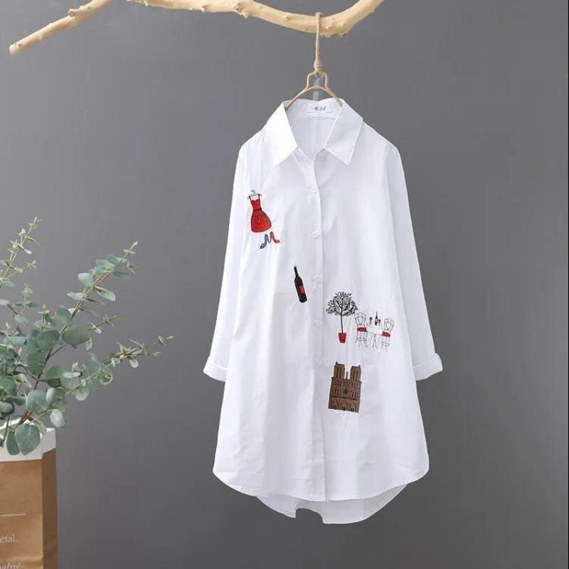 2025 Spring/Summer Cotton Mid-Length Artistic Embroidered White Shirt for Women, Long Sleeve, Loose Fit, Sun Protection Undershirt