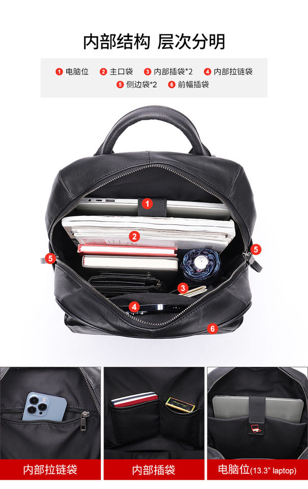 Ba lô nam da bò thật đa năng công sở đựng laptop 14 inch — Cà phê, Vải dệt trơn màu đen, màu đen, Màu nâu cà phê chi tiết 55