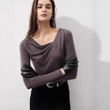 莱赛尔羊毛打底衫斜肩荡领  原单面料不规则斜领修身针织衫