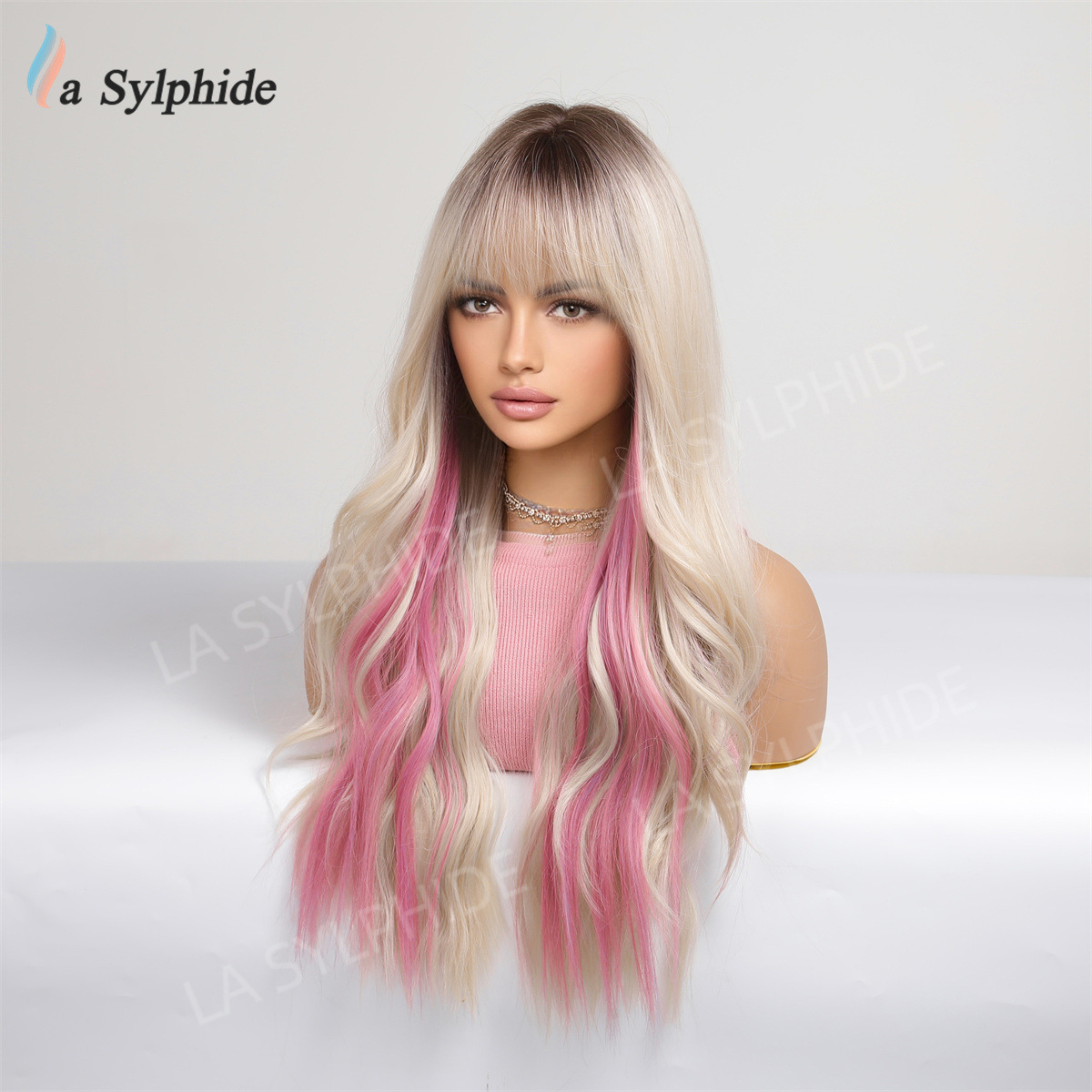 Temu cross-border Long curly hair wig women's bangs pink white gold rose net full head cover Long wig