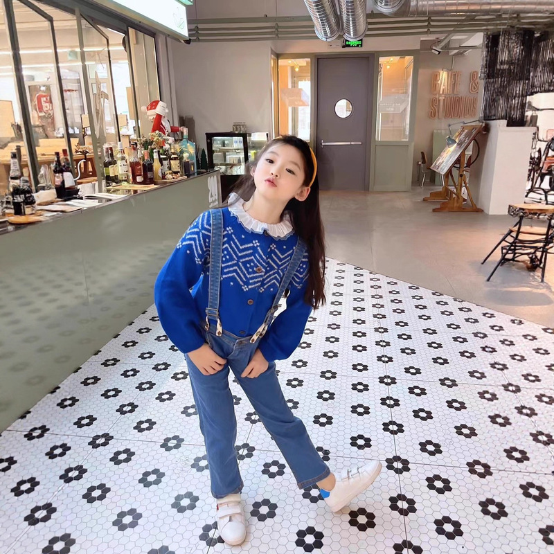 [Spot] children's new cobalt blue vintage jacquard wool knitted cardigan soft and delicate