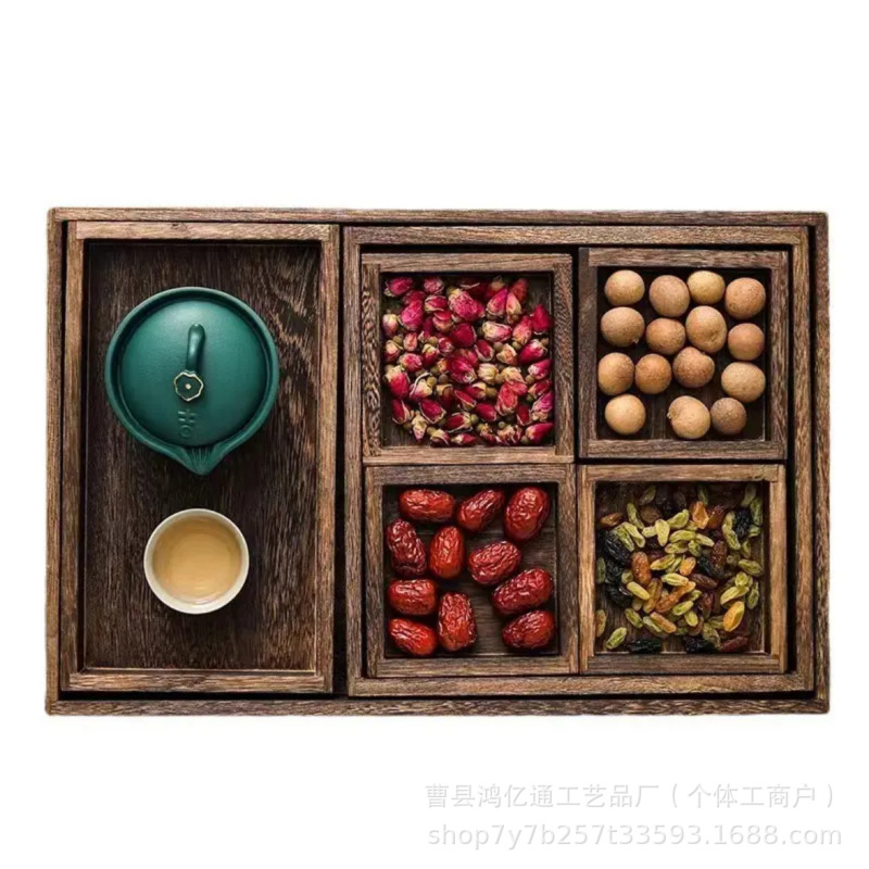国境を越えた無垢材の炉茶トレイティーセット分割ディナープレートデスクトップ多機能7ピーストレイセット|undefined
