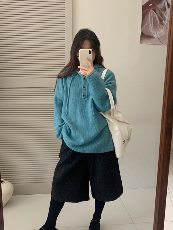 韩系纽扣半开领连帽针织衫女中长款慵懒风宽松休闲套头毛衣卫衣潮|undefined