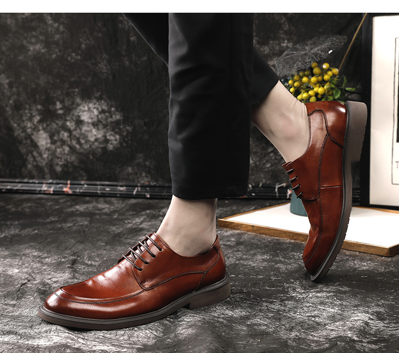 Plus-size business dress shoes men's British style tie top layer of cow leather wedding shoes_voghion.com