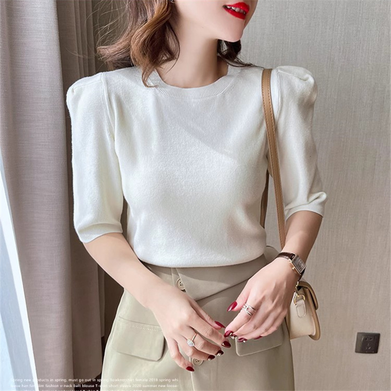 春秋季新款泡泡袖针织衫女修身显瘦圆领五分袖打底衫上衣半袖毛衣