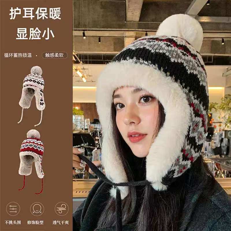 民族风雷锋帽女可爱甜美针织护耳帽秋冬滑雪加厚保暖防风耐寒骑车|undefined
