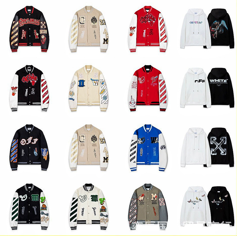 25Ss Spring and Autumn New Style Offw Patch Crocodile Letter Pattern Baseball Jacket Unisex One Piece Wholesale