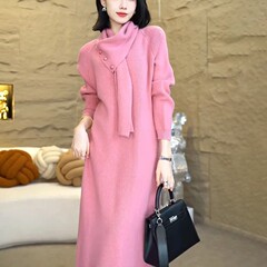 设计感秋冬新款女羊毛针织连衣裙宽松遮肚显瘦内搭过膝围巾毛衣裙