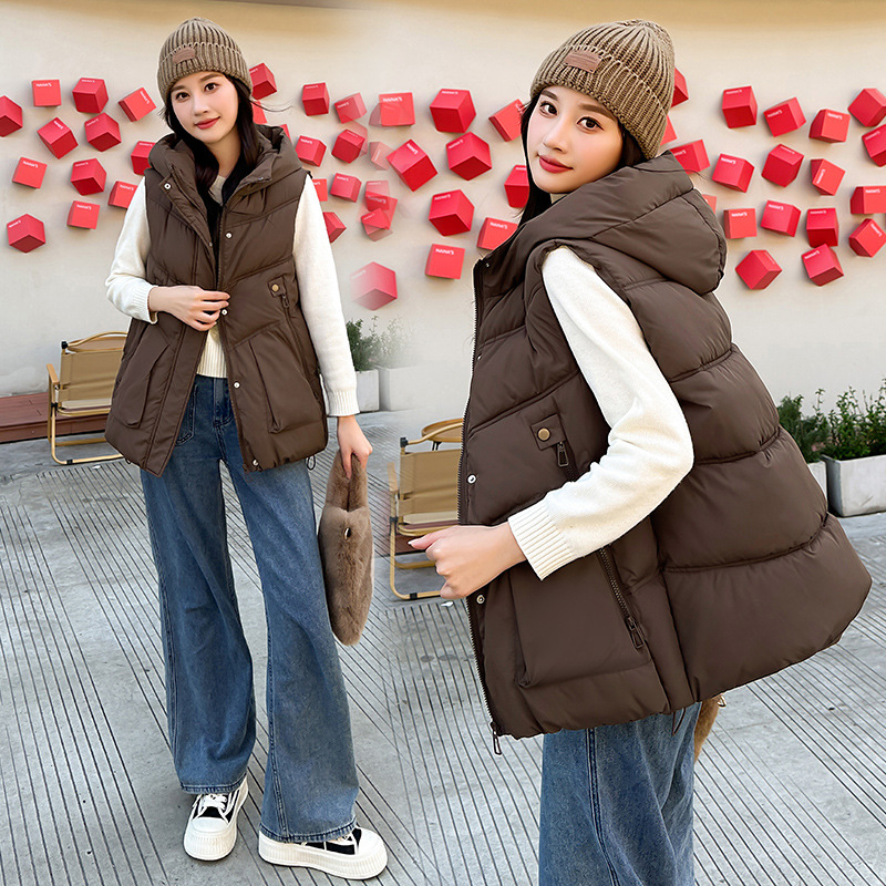 Algodón chaleco de mujer 2024 otoño y invierno nuevo estilo coreano suelto medio largo encapuchado sin mangas algodón hombro fuera de la moda de abrazadera image 3