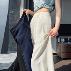 新商品の亜麻の氷の糸の広腿のズボンの女性の2025夏の高腰はやせている綿の麻の山本のズボンの薄いタイプの怠惰なカジュアルなズボンを現します。