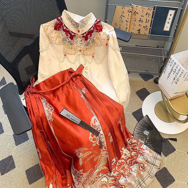 红色马面裙半身裙女春夏小个子新中式汉服新娘订婚服套装2024新款