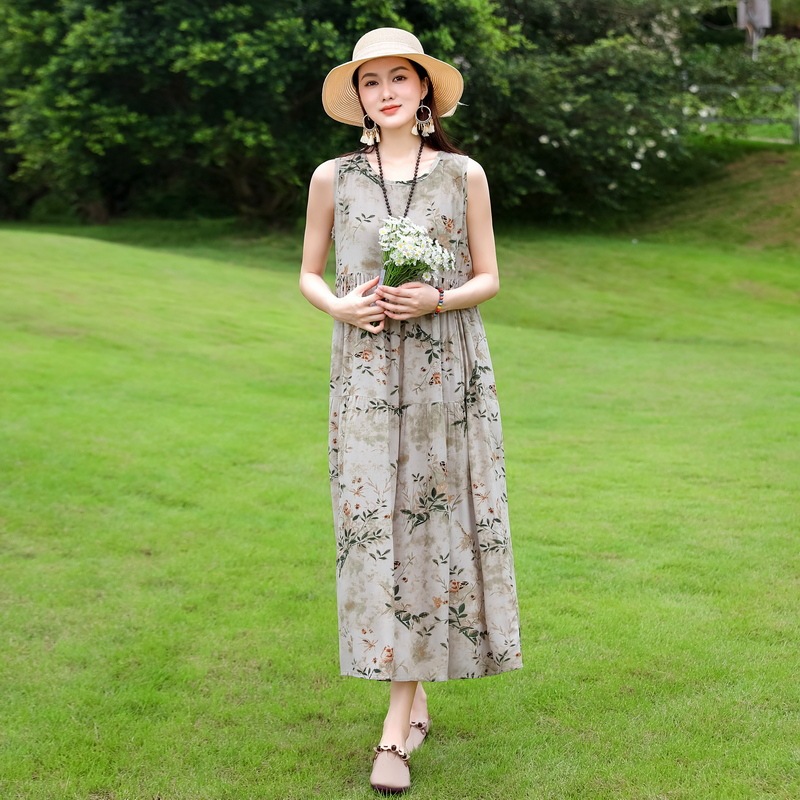 ノースリーブの若い女性の綿シルクドレス夏の海辺の休暇プラスサイズの膝丈ビーチドレス|undefined
