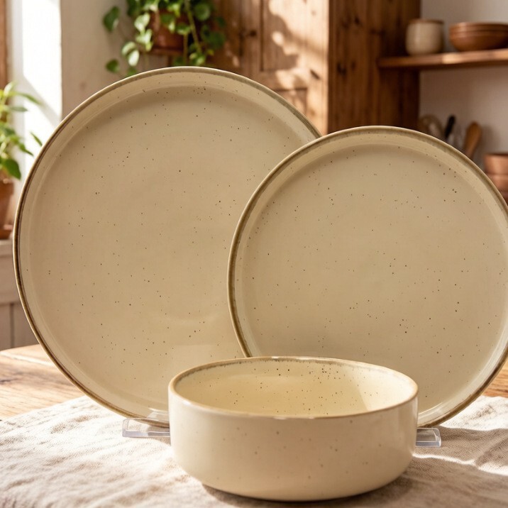 Beige Ceramic Tableware Set, Speckled Glaze Rice Bowl and Dish Plate Combination, Home and Commercial Use Retro-Style Tableware