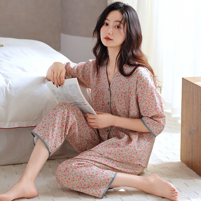 パジャマ レディース 夏 胸パッド付き チェック柄 カーディガン 七分袖 春秋 ホームウェア セット 薄手 織綿|undefined