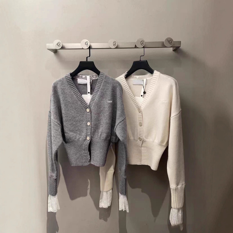 In Stock Now! Nanyou 25 Autumn and Winter New Style Letter Print V-Neck Lace Patchwork Waist-Cinching Knitted Cardigan Jacket for Women