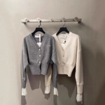 现货发！南油高版本 an*字母印花V领蕾丝拼接收腰针织开衫外套