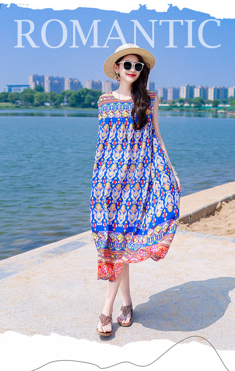 2025 New Cross-Border Plus Size Bohemian Beach Long Cotton Floral Women's Summer Dress_ecoleips.com