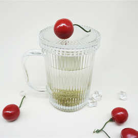 现代简约竖纹把杯带盖把杯玻璃杯办公室用玻璃水杯安徽源头工厂